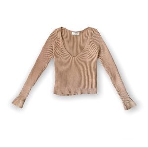 Thinkable Women's Crop Top Long Sleeve Ribbed Taupe Tan Small/Medium